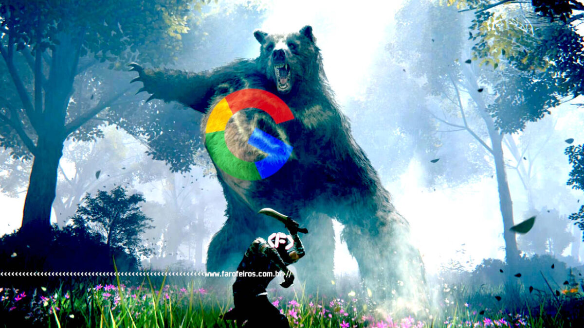 Ninguém vai ler isso - Elder Ring - Jogador (com logo do FAROFEIROS) com uma faquinha lutando contra um urso gigante (com logo do Google) - blog FAROFEIROS