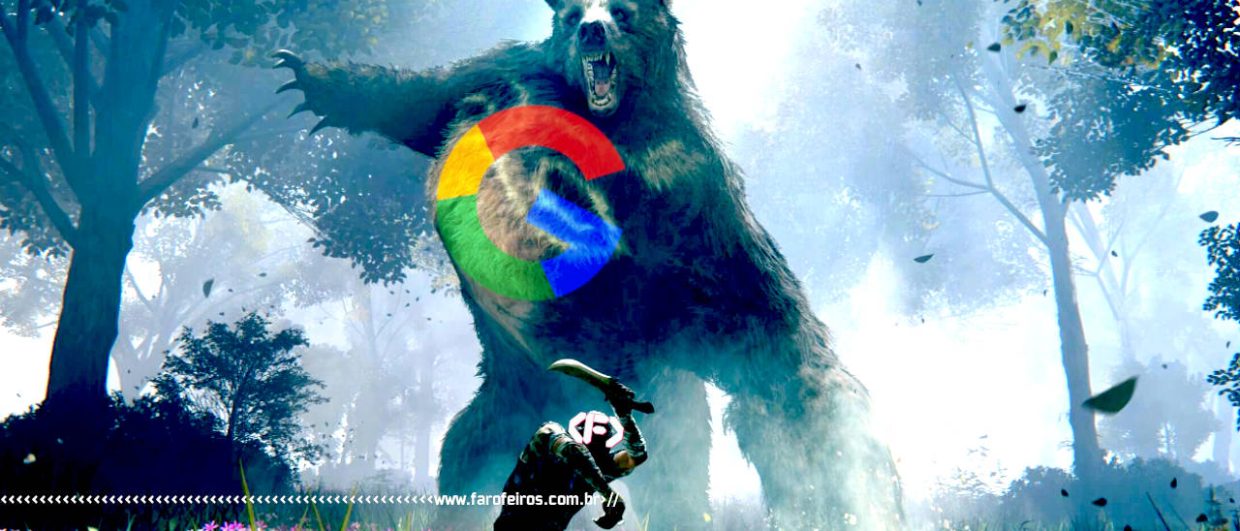 Ninguém vai ler isso - Elder Ring - Jogador (com logo do FAROFEIROS) com uma faquinha lutando contra um urso gigante (com logo do Google) - blog FAROFEIROS
