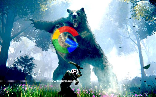 Ninguém vai ler isso - Elder Ring - Jogador (com logo do FAROFEIROS) com uma faquinha lutando contra um urso gigante (com logo do Google) - blog FAROFEIROS