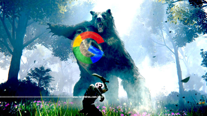 Ninguém vai ler isso - Elder Ring - Jogador (com logo do FAROFEIROS) com uma faquinha lutando contra um urso gigante (com logo do Google) - blog FAROFEIROS