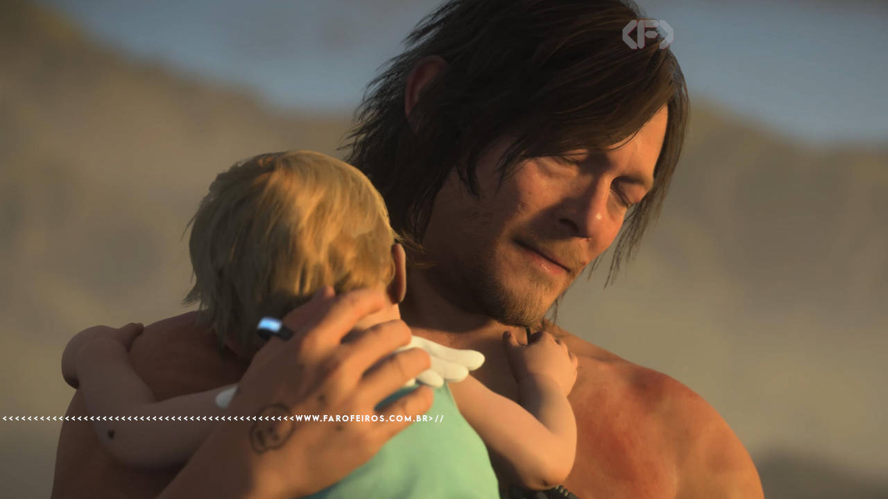 Licença-paternidade é mais do que um direito - Death Stranding 2 - Sam Bridges abraça criança - blog FAROFEIROS
