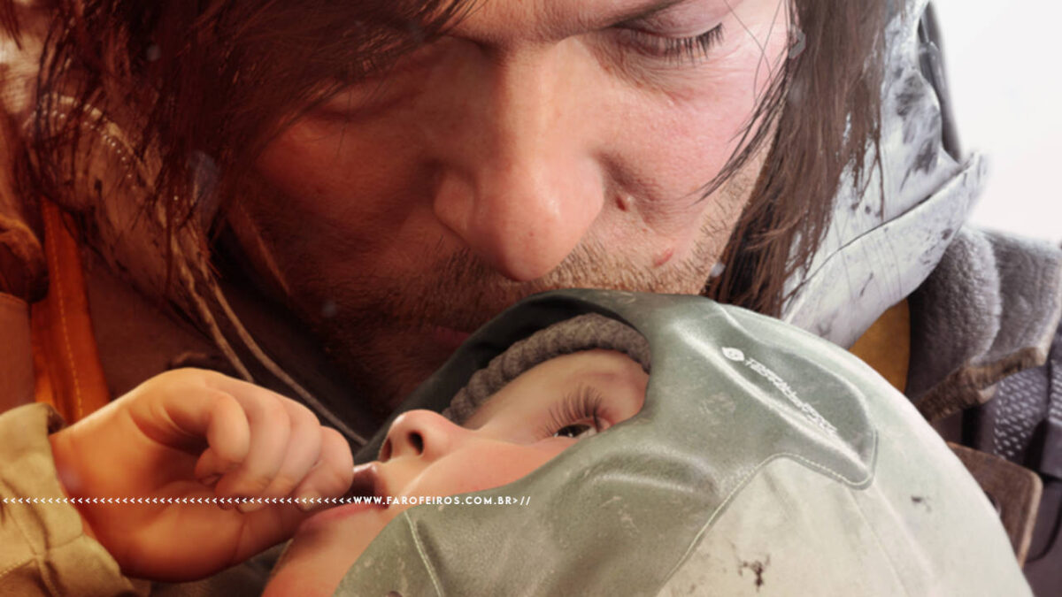 Licença-paternidade é mais do que um direito - Death Stranding 2 - Sam Bridges beija testa de uma criança - blog FAROFEIROS