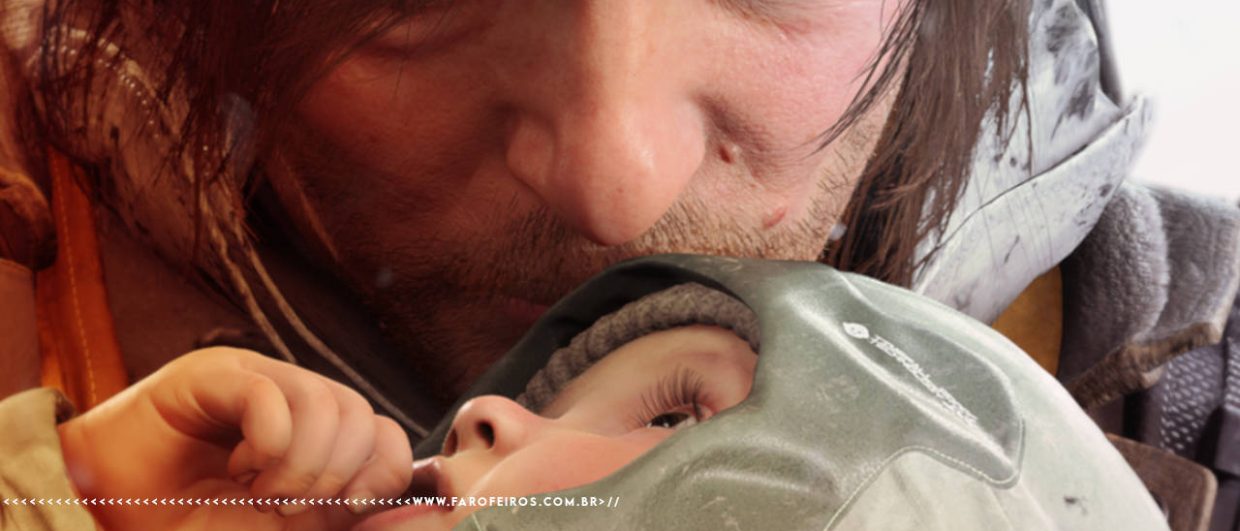 Licença-paternidade é mais do que um direito - Death Stranding 2 - Sam Bridges beija testa de uma criança - blog FAROFEIROS