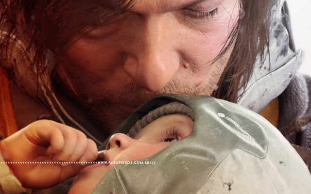 Licença-paternidade é mais do que um direito - Death Stranding 2 - Sam Bridges beija testa de uma criança - blog FAROFEIROS