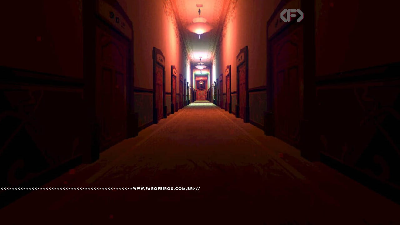 Corredor com decoração do estilo bordô do jogo Sorry We Are Closed - FAROFEIROS.COM.BR