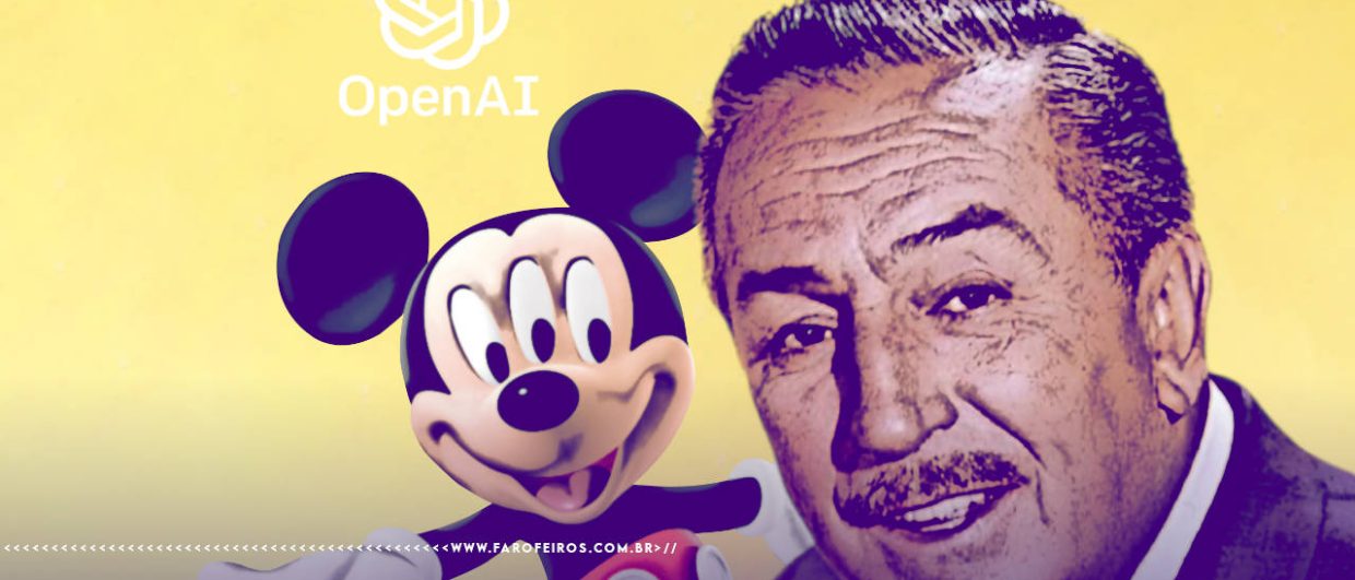 Montagem com o fundo amarelo claro com o rosto de Walt Disney ao lado de um Mickey Mouse de braços abertos e três olhos com o logo da OpenAI com efeitos comuns de IA - blog FAROFEIROS