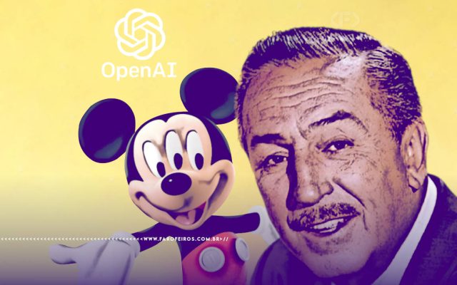 Montagem com o fundo amarelo claro com o rosto de Walt Disney ao lado de um Mickey Mouse de braços abertos e três olhos com o logo da OpenAI com efeitos comuns de IA - blog FAROFEIROS