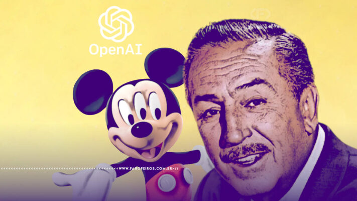 Montagem com o fundo amarelo claro com o rosto de Walt Disney ao lado de um Mickey Mouse de braços abertos e três olhos com o logo da OpenAI com efeitos comuns de IA - blog FAROFEIROS