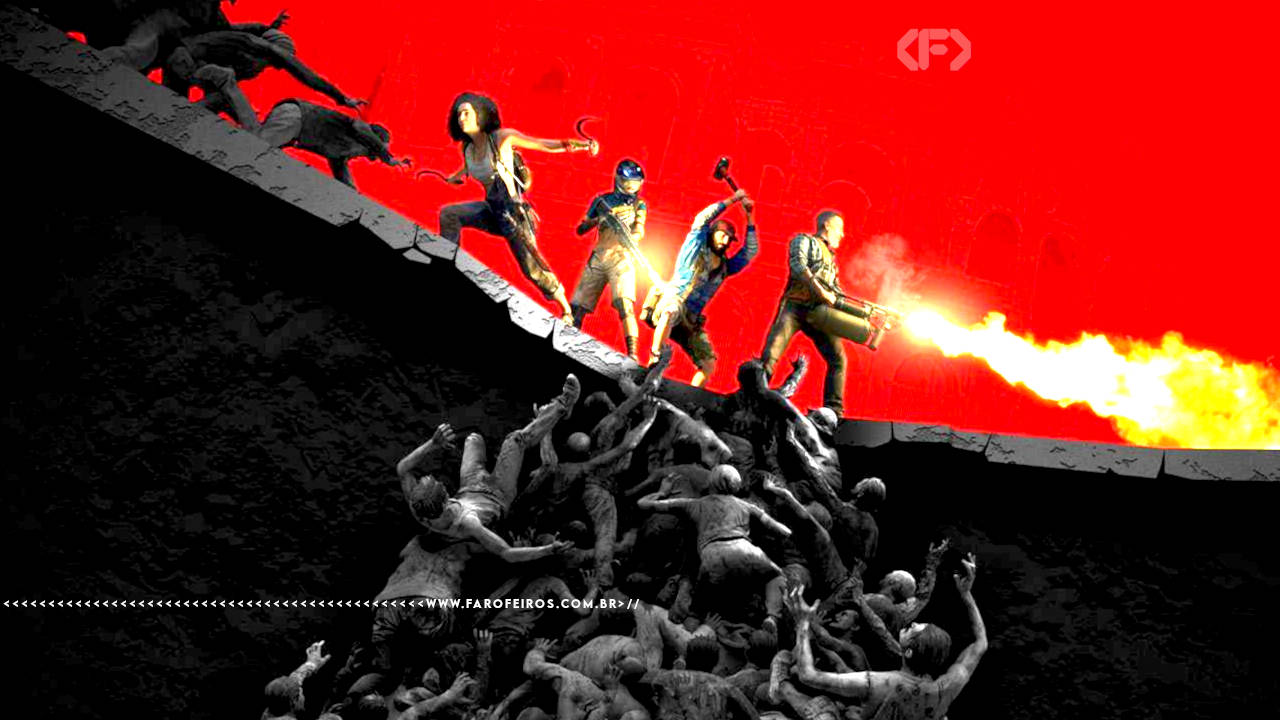 Sobreviventes usam lança chamas e armas contra zumbis em World War Z em um fundo vermelho - Queria estar dormindo - blog FAROFEIROS