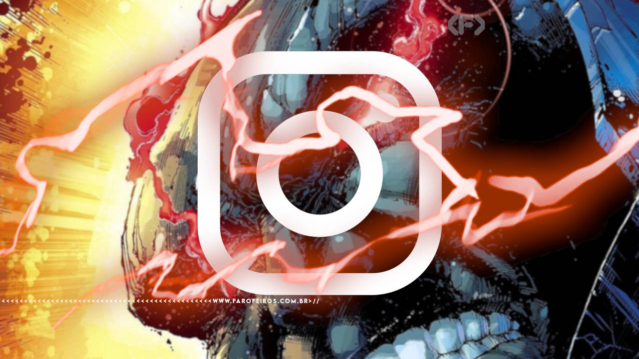 Você se lembra do primeiro post que você leu numa rede social hoje - Raios ômega difusos saem do controle de Darkseid com o logo branco do Instagram na frente de seu rosto - blog FAROFEIROS