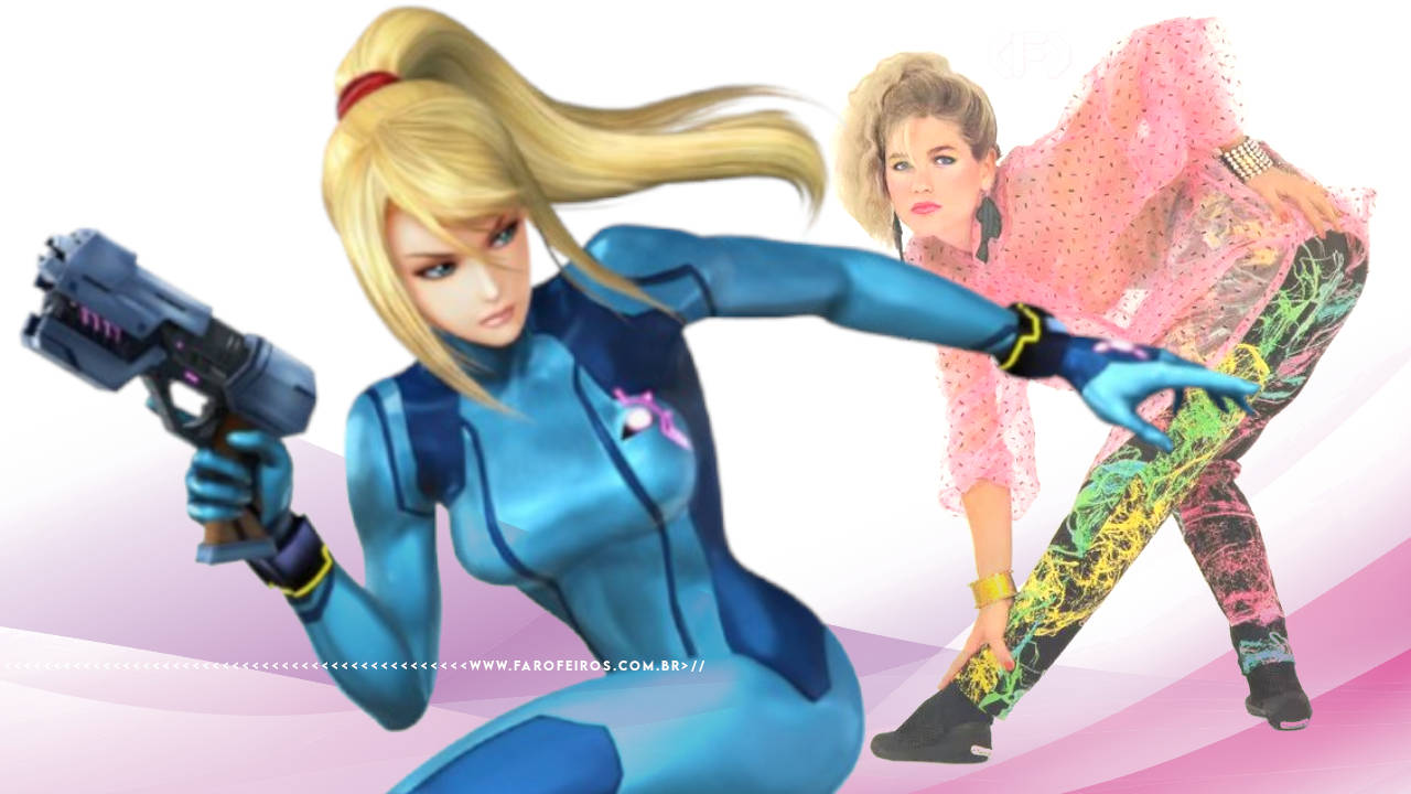 Xuxa é a Samus Aran - Montagem com Samus Aran de roupa azul Zero Suit com uma pistola olhando para trás onde Xuxa faz pose com a mão chegando nos pés - blog FAROFEIROS