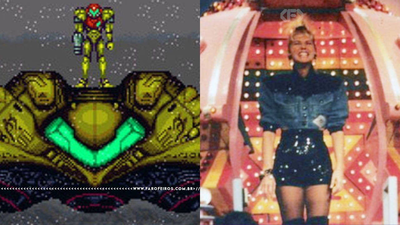 Xuxa é a Samus Aran - Montagem com cena de Super Metroid com Samus e sua nave ao lado de imagem de Xuxa saindo de sua nave na década de 80 - blog FAROFEIROS