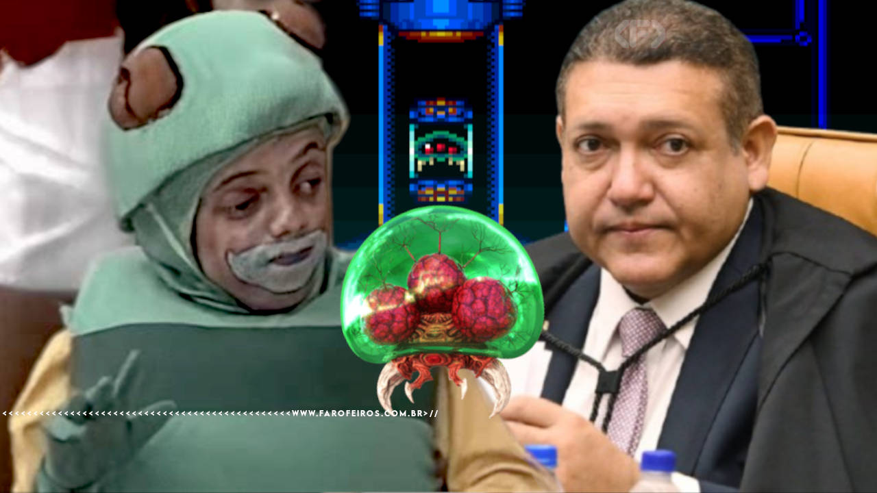 Xuxa é a Samus Aran - Montagem mostrando Praga no Xou da Xuxa ao lado de Nunes Marques com um Metroid à frente dos dois - blog FAROFEIROS