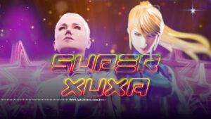 Xuxa é a Samus Aran - Montagem mostrando Xuxa olhando para o alto e Samus Aran olhando em sua direção com o texto estilizado SUPER XUXA à frente com efeitos de luz e estrelas- blog FAROFEIROS