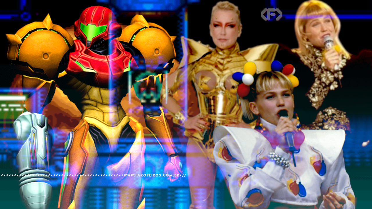 Xuxa é a Samus Aran - Samus com sua armadura com grandes ombreiras e Xuxa com diversos figurinos exóticos com ombreiras - blog FAROFEIROS
