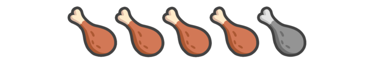 No centro há uma faixa retangular preta contendo cinco ícones de coxas de frango alinhados lado a lado. Cada ícone mostra uma coxa de frango estilizada, com osso branco na ponta e a parte da carne em formato arredondado. As três primeiras coxas, da esquerda para a direita, aparecem em tom marrom alaranjado com pequenos detalhes mais escuros que sugerem textura da carne. A quarta coxa tem a mesma aparência das anteriores, também marrom alaranjada. A quinta e última coxa, à direita, aparece totalmente em cinza, incluindo a carne e o osso, indicando uma versão desativada ou diferente das demais.