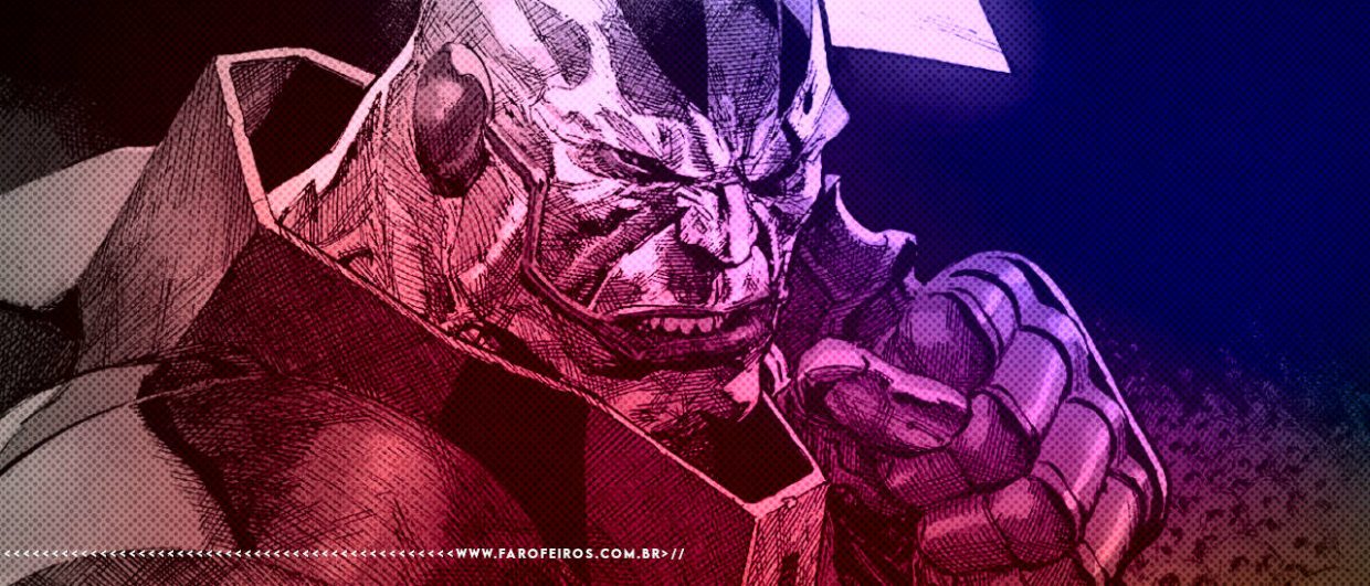 Apocalipse dos X-Men olhando em sua direção com uma expressão raivosa empunhando o que parece ser uma espada - FAROFEIROS.COM.BR