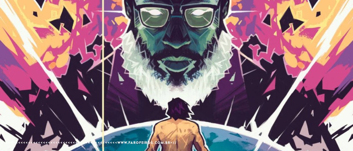 Imagem do quadrinho. Um homem negro, de frente, luta contra um homem branco, menor, que vemos de costas. Ambos estão em um ambiente espacial, psicodélico.