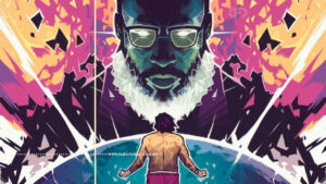 Imagem do quadrinho. Um homem negro, de frente, luta contra um homem branco, menor, que vemos de costas. Ambos estão em um ambiente espacial, psicodélico.