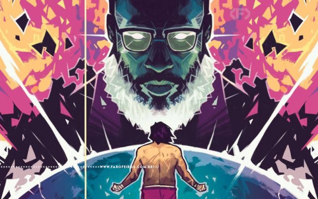 Imagem do quadrinho. Um homem negro, de frente, luta contra um homem branco, menor, que vemos de costas. Ambos estão em um ambiente espacial, psicodélico.