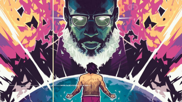Imagem do quadrinho. Um homem negro, de frente, luta contra um homem branco, menor, que vemos de costas. Ambos estão em um ambiente espacial, psicodélico.