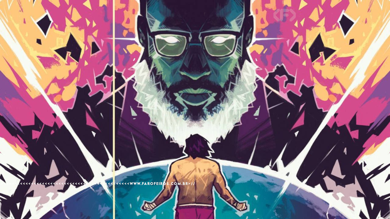 Imagem do quadrinho. Um homem negro, de frente, luta contra um homem branco, menor, que vemos de costas. Ambos estão em um ambiente espacial, psicodélico.