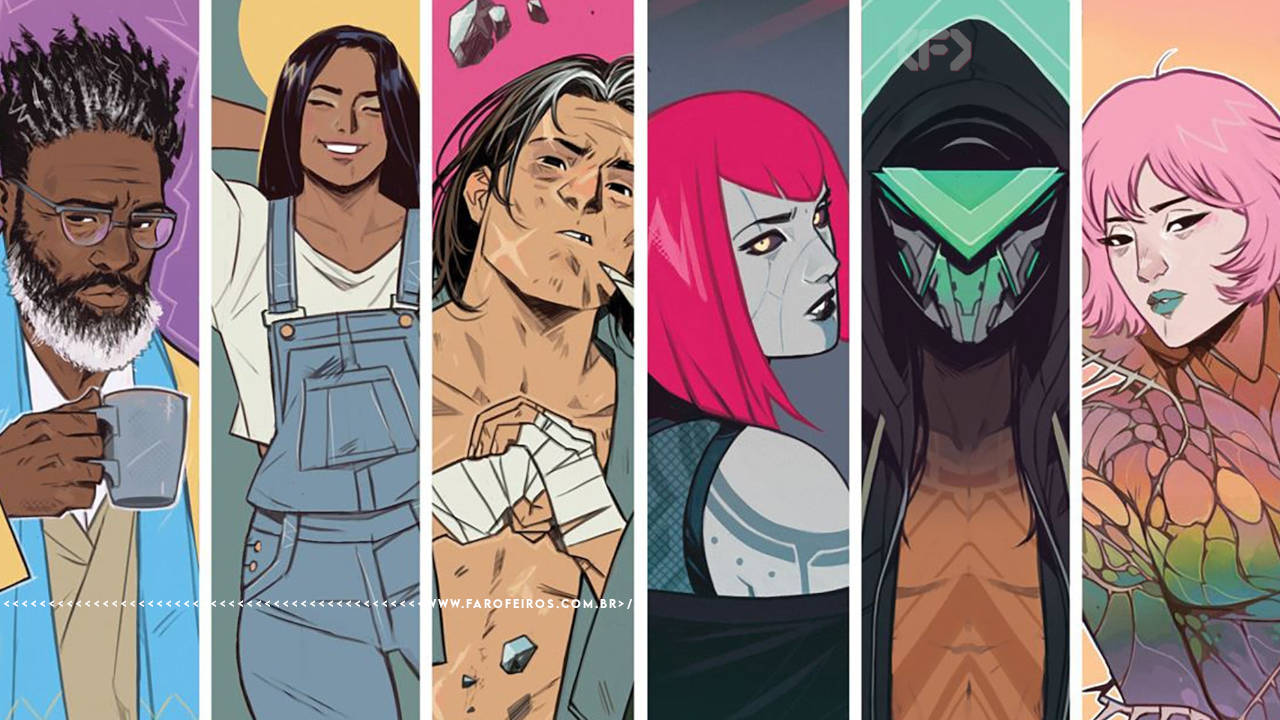 Os protagonistas de power fantasy, enfileirados, cada um em close em seu próprio quadro. No quadro 1, da esquerda pra direita, um homem negro de barba cheia branca/grisalha (?) e cabelo crespo alto com mechas tipo luzes ou do grisalho mesmo? Ele usa óculos e segura uma caneca; veste camisa clara e azul No quadro 2, um homem negro, cabelo longo escuro. Ele sorri com olhos fechados e cabeça hm tanto pro lado. Ele usa camiseta branca e um macacão por cima. No quadro 3, um homem branco, cabelo longo escuro. Ele tá machucado(?), com curativos ou enfaixado (?). Ele tem uma expressão de claro cansaço ou aff, lá vem merda. No quadro 4, uma mulher de perfil. Ela é muito branca, tem cabelo vermelho estilo Ravena, usa uma roupa preta com uns detalhes azuis (?). No quadro 5, uma pessoa encapuzada com uma máscara (oy visor tipo ciclope?) verde brilhante. E possível ver o tronco dessa pessoa, sem camisa sob o manto/capuz. No quadro 6, uma mulher amarela/asiatica, pálida, com cabelo amarelo ou rosa (daltonismo atacando) curto e batom verde ou azul. Ela usa uma roupa com uns padrões como de escamas ou um padrão de formas que lembram um chão de saguão de hotel (ou é a pele dela mesmo?)