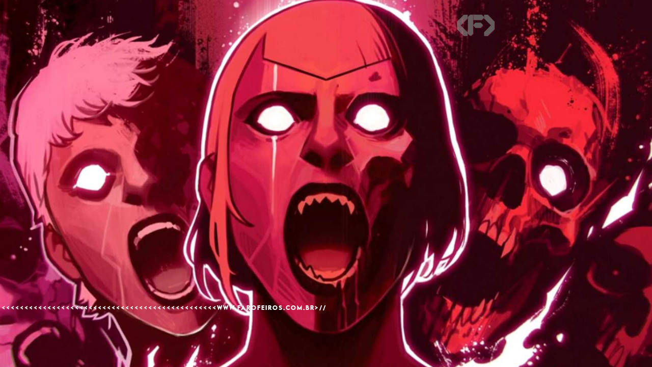 Painel do quadrinho. Uma mulher grita, em desespero enquanto lágrimas escorrem. Ela tem olhos brancos brilhantes e cabelo liso na altura do queijo, ao redor dela, figuras que parecem espectros com olhos brancos e brilhantes. A esquerda outra figura humanoide e a direita uma caveira. Ao fundo, imagens abstratas como que riscado e manchado de tinta.