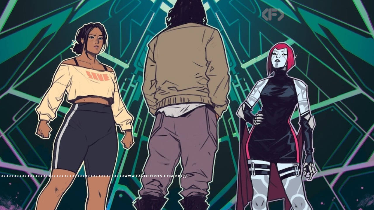 Painel do quadrinho. Três personagens reunidos em uma sala futurista. Vemos duas mulheres de frente. As vemos de baixo pra cima, como se a víssemos de uma posição inferior. A esquerda uma mulher negra/marrom (?) com cabelo preso e expressão séria. A direita uma mulher muito branca com cabelo vermelho com franja e orelhas de elfo, também seria. No centro um homem (?) de costas e jaqueta bege.