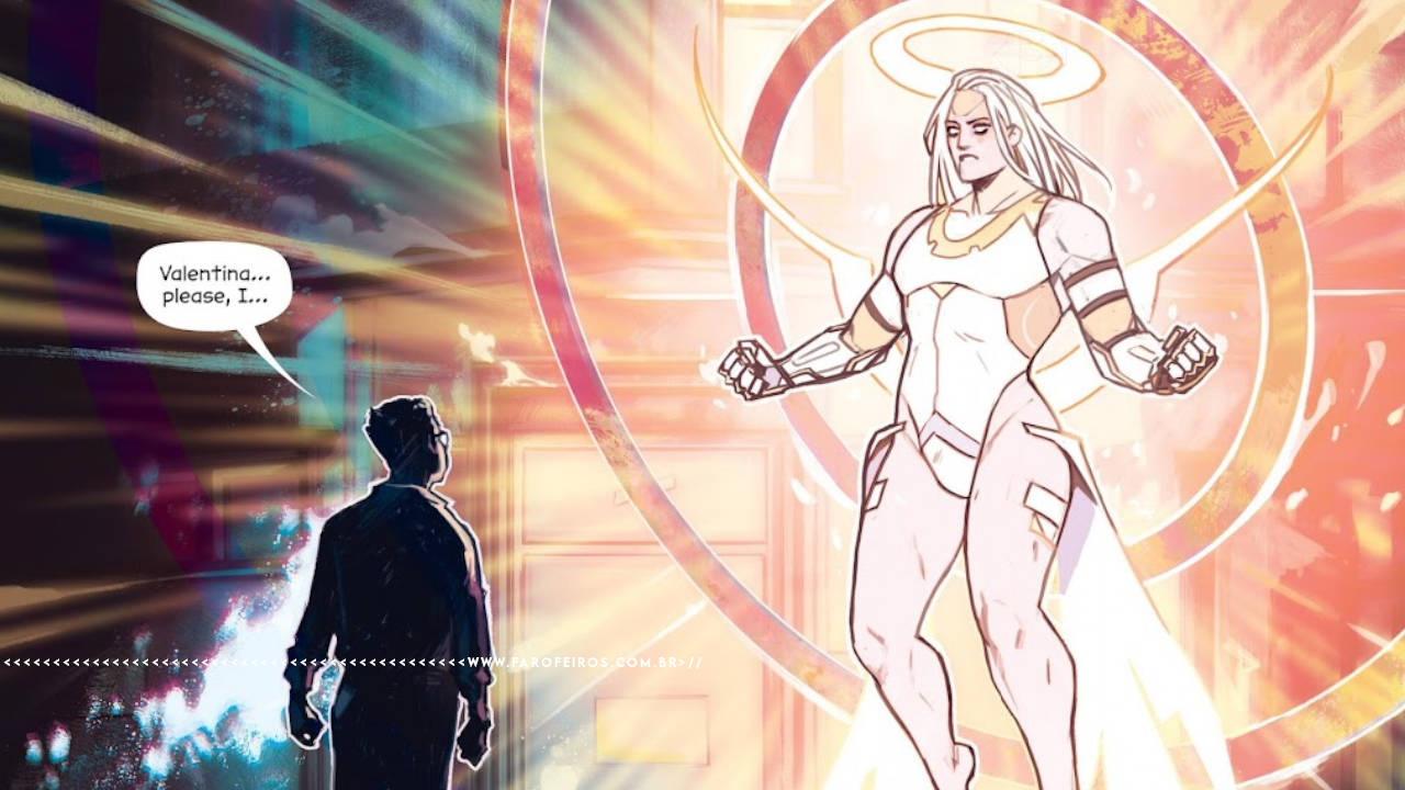 Um homem, visto apenas a silhueta de costas, conversa com uma figura angelical grande, loira, pele clara e brilhante, se pondo acima do homem. O homem diz: valentine, please, I…