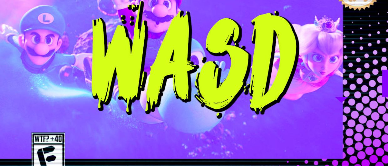 Capa do episódio do podcast WASD, do Farofeiros, com fundo roxo vibrante e personagens Mario, Luigi e a Princesa Peach do filme Super Mario Bros. Galaxy em posição de voo. O título "WASD" aparece em letras verde-neon em estilo grunge no centro. No canto inferior esquerdo, um ícone de classificação etária estilizado com "WTF? +40 / F / EITA!". Na parte inferior, a faixa preta traz o texto amarelo "O podcast de games do FAROFEIROS!" e o site www.farofeiros.com.br. No canto superior direito, o logo do Farofeiros em dourado. Toda a imagem faz uma analogia à capa de jogos de Super Nintendo, mas de maneira estilizada.