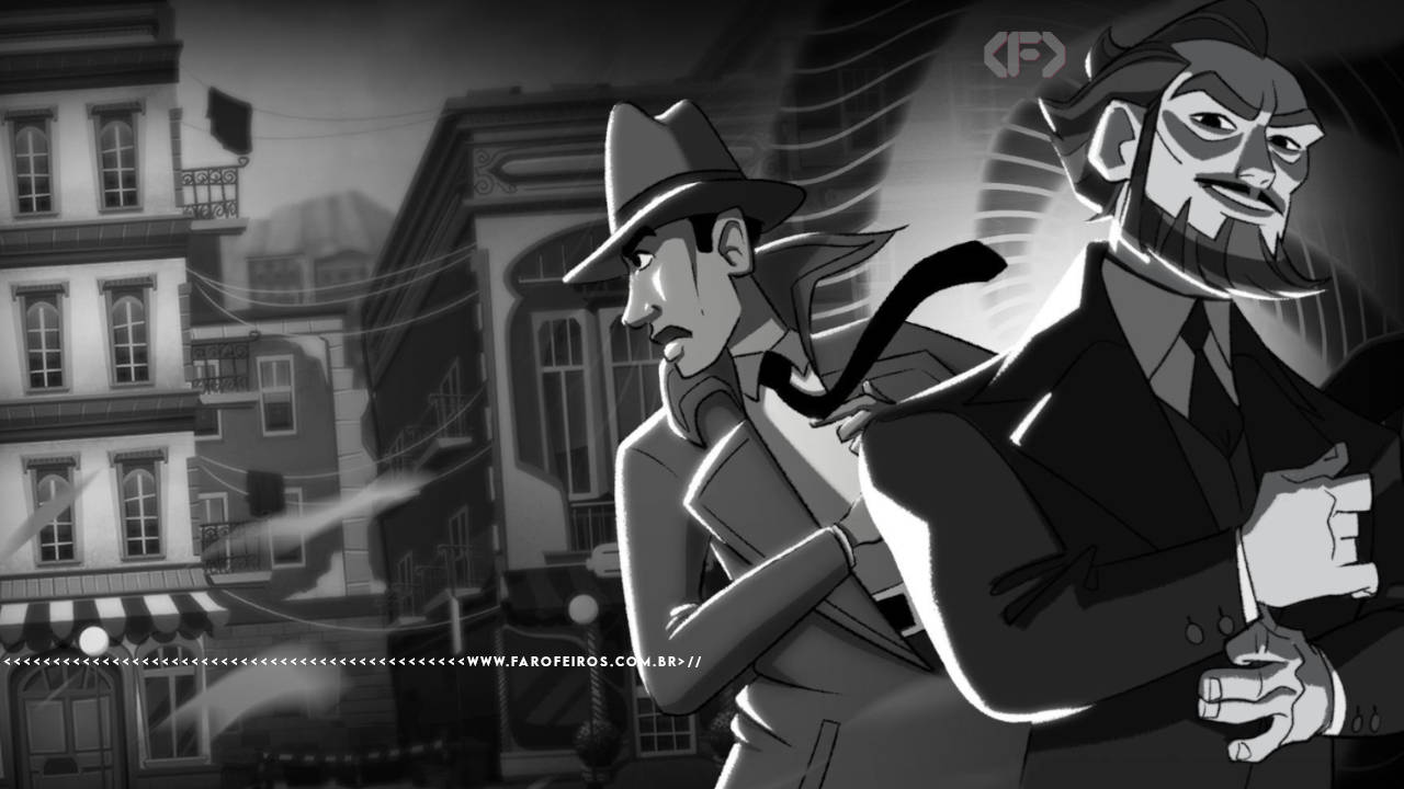 Cena em preto e branco do jogo A Investigação Póstuma, com estilo de animação noir. Um detetive negro de terno e chapéu fedora caminha tenso por uma rua urbana noturna, enquanto Brás Cubas, um homem corpulento com barba o segura pelos ombros por trás, com expressão irônica. Ao fundo, prédios antigos com janelas e marquises. Na parte inferior, a marca d'água do site www.farofeiros.com.br