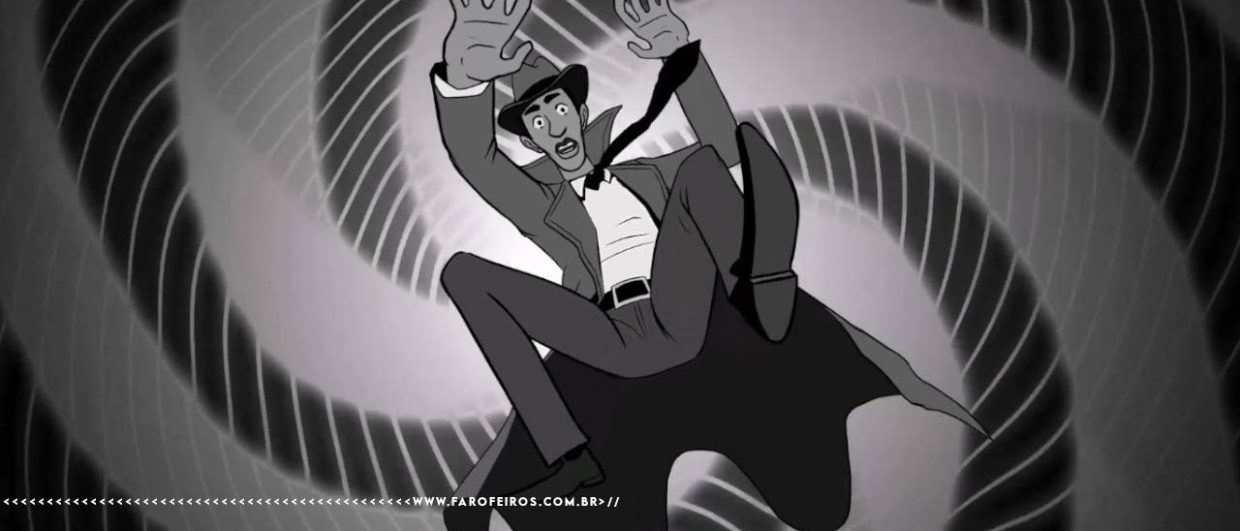 Cena em preto e branco do jogo A Investigação Póstuma, com estilo de animação noir. O detetive de terno, gravata e chapéu fedora aparece em queda livre, com braços e pernas abertos e expressão de desespero, sendo sugado por um redemoinho espiral ao fundo. Na parte inferior, a marca d'água do site www.farofeiros.com.br