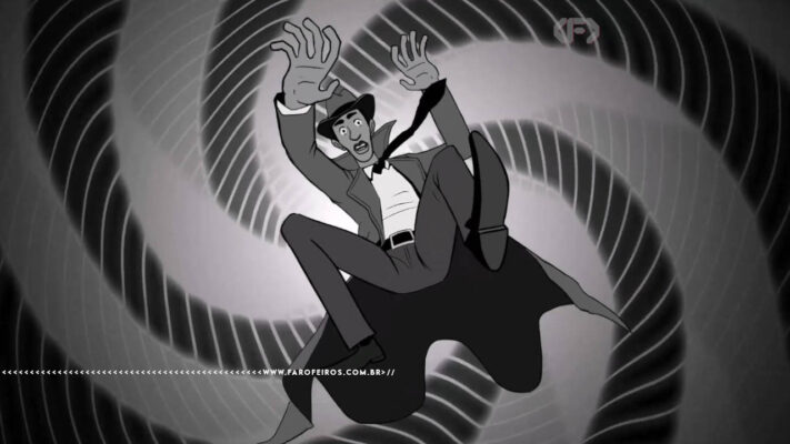 Cena em preto e branco do jogo A Investigação Póstuma, com estilo de animação noir. O detetive de terno, gravata e chapéu fedora aparece em queda livre, com braços e pernas abertos e expressão de desespero, sendo sugado por um redemoinho espiral ao fundo. Na parte inferior, a marca d'água do site www.farofeiros.com.br