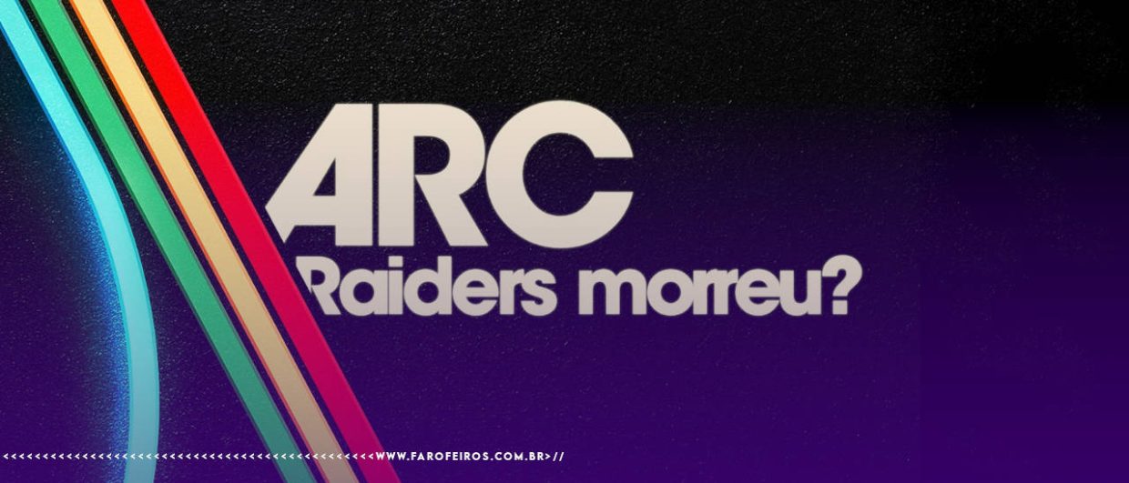 Montagem utilizando a logo marca do jogo Arc Raiders: Letras brancas com o fundo preto com faixas coloridas à esquerda. Mas no lugar no nome do jogo podemos ler: "ARC Raiders morreu?". Na parte inferior, a marca d'água do site www.farofeiros.com.br