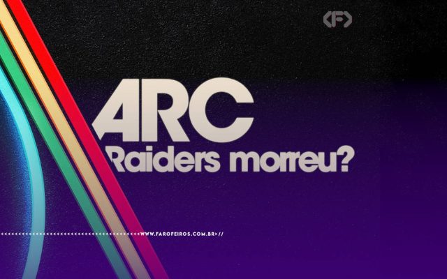 Montagem utilizando a logo marca do jogo Arc Raiders: Letras brancas com o fundo preto com faixas coloridas à esquerda. Mas no lugar no nome do jogo podemos ler: "ARC Raiders morreu?". Na parte inferior, a marca d'água do site www.farofeiros.com.br