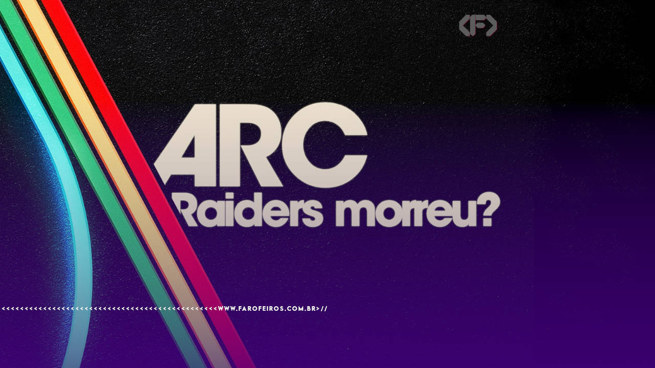 Montagem utilizando a logo marca do jogo Arc Raiders: Letras brancas com o fundo preto com faixas coloridas à esquerda. Mas no lugar no nome do jogo podemos ler: "ARC Raiders morreu?". Na parte inferior, a marca d'água do site www.farofeiros.com.br