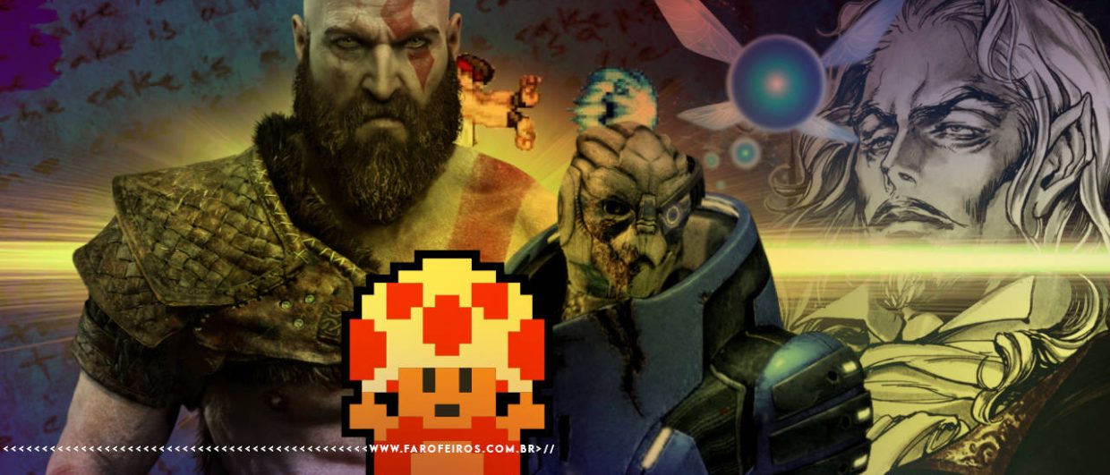 Montagem com personagens icônicos de videogames. À esquerda, Kratos de God of War, ao centro na frente, o Toad de Super Mario em pixel art 8-bits. Ao centro atrás, Garrus Vakarian de Mass Effect. No canto superior direito, Drácula de Castlevania e uma fada luminosa, Navi, de The Legend of Zelda - Ocarina of Time. Ao fundo, texto manuscrito repetindo "the cake is a lie" do jogo Portal. Na parte inferior, a marca d'água do site www.farofeiros.com.br