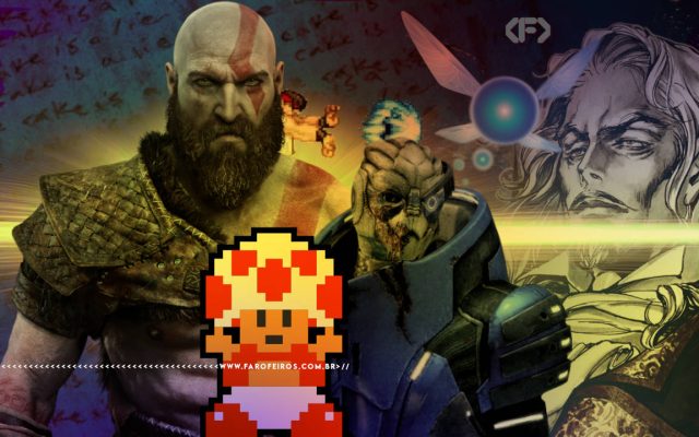 Montagem com personagens icônicos de videogames. À esquerda, Kratos de God of War, ao centro na frente, o Toad de Super Mario em pixel art 8-bits. Ao centro atrás, Garrus Vakarian de Mass Effect. No canto superior direito, Drácula de Castlevania e uma fada luminosa, Navi, de The Legend of Zelda - Ocarina of Time. Ao fundo, texto manuscrito repetindo "the cake is a lie" do jogo Portal. Na parte inferior, a marca d'água do site www.farofeiros.com.br