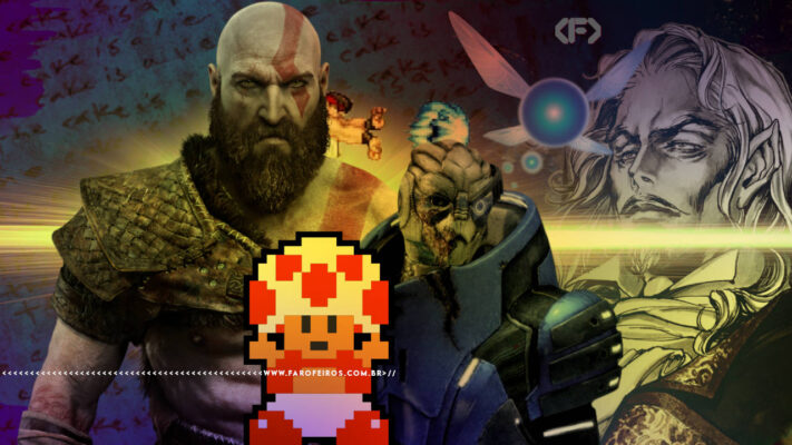 Montagem com personagens icônicos de videogames. À esquerda, Kratos de God of War, ao centro na frente, o Toad de Super Mario em pixel art 8-bits. Ao centro atrás, Garrus Vakarian de Mass Effect. No canto superior direito, Drácula de Castlevania e uma fada luminosa, Navi, de The Legend of Zelda - Ocarina of Time. Ao fundo, texto manuscrito repetindo "the cake is a lie" do jogo Portal. Na parte inferior, a marca d'água do site www.farofeiros.com.br