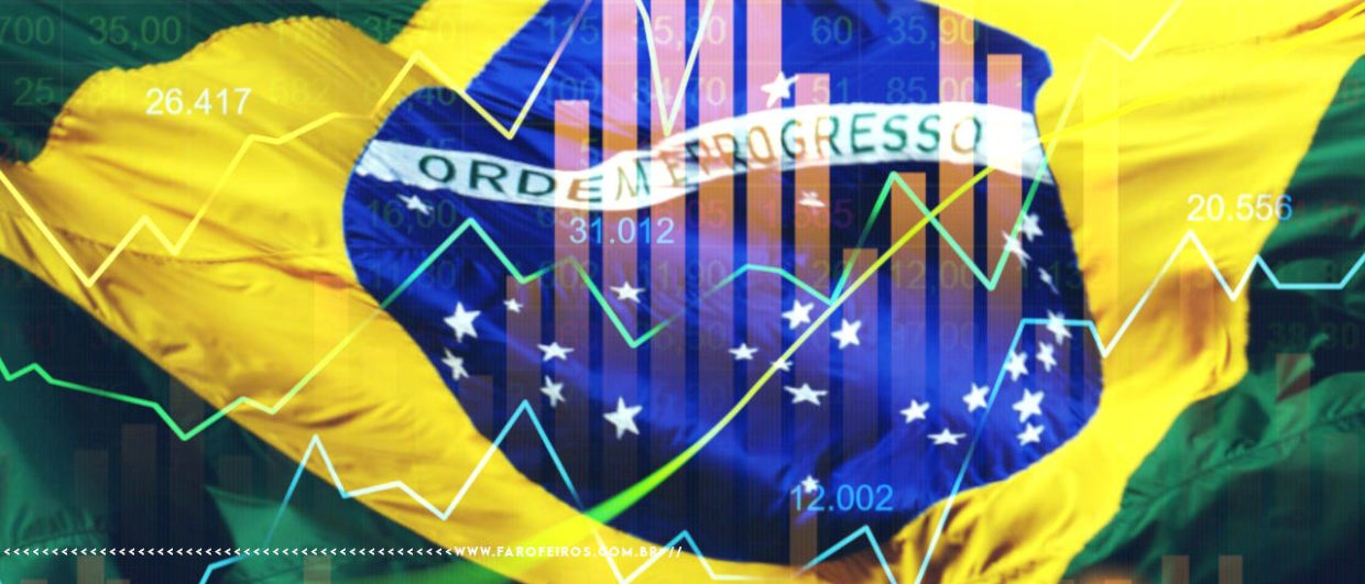 Montagem mostrando a bandeira do Brasil esvoaçante ao fundo com números e gráficos genéricos simulando dados financeiros. Na parte inferior, a marca d'água do site www.farofeiros.com.br