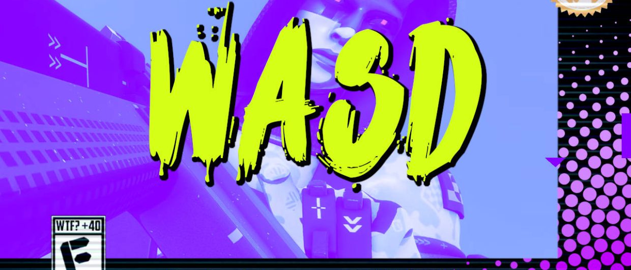 Capa do podcast WASD, o podcast de games do Farofeiros.com.br. Fundo roxo com ilustração estilizada de um personagem robótico com olhos vermelhos e chifres estilizados sob um capuz preto. No centro, o título "WASD" em letras grandes verde-amareladas com estilo de tinta pingando. No canto superior direito, o logotipo do Farofeiros em dourado. No canto inferior esquerdo, uma classificação indicativa paródica com os dizeres "WTF? +40 - F - EITA!". Na faixa preta inferior, a frase "O podcast de games do FAROFEIROS!" e o endereço www.farofeiros.com.br. À direita, painel decorativo preto com bolinhas rosas em estilo retro.