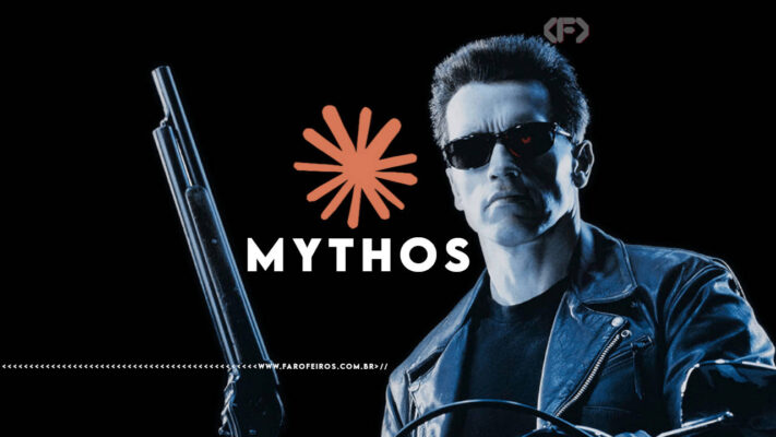 Montagem com fundo preto mostrando o Exterminador do Futuro (T-800 de Arnold Schwarzenegger) de jaqueta de couro, óculos escuros com o olho esquerdo brilhando em vermelho enquanto segura uma escopeta. À esquerda, o logotipo da IA Mythos da Anthropic, um asterisco laranja sobre a palavra "MYTHOS" em branco. Na parte inferior, a marca d'água do site www.farofeiros.com.br