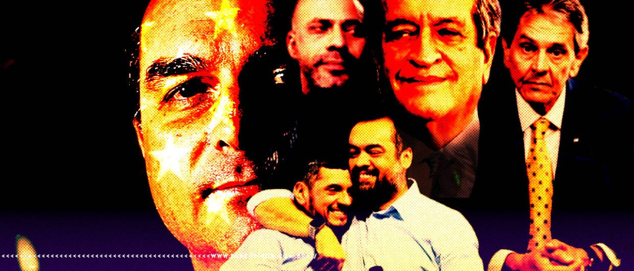 Montagem fotográfica com filtro vermelho, laranja e roxo reunindo diversas fotos de Flávio Bolsonaro ao lado de diferentes pessoas. Em destaque no lado esquerdo, o rosto de Flávio Bolsonaro em close.