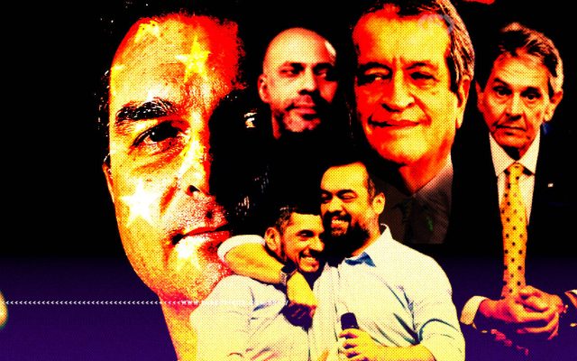 Montagem fotográfica com filtro vermelho, laranja e roxo reunindo diversas fotos de Flávio Bolsonaro ao lado de diferentes pessoas. Em destaque no lado esquerdo, o rosto de Flávio Bolsonaro em close.