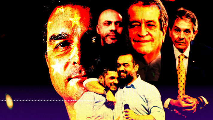 Montagem fotográfica com filtro vermelho, laranja e roxo reunindo diversas fotos de Flávio Bolsonaro ao lado de diferentes pessoas. Em destaque no lado esquerdo, o rosto de Flávio Bolsonaro em close.