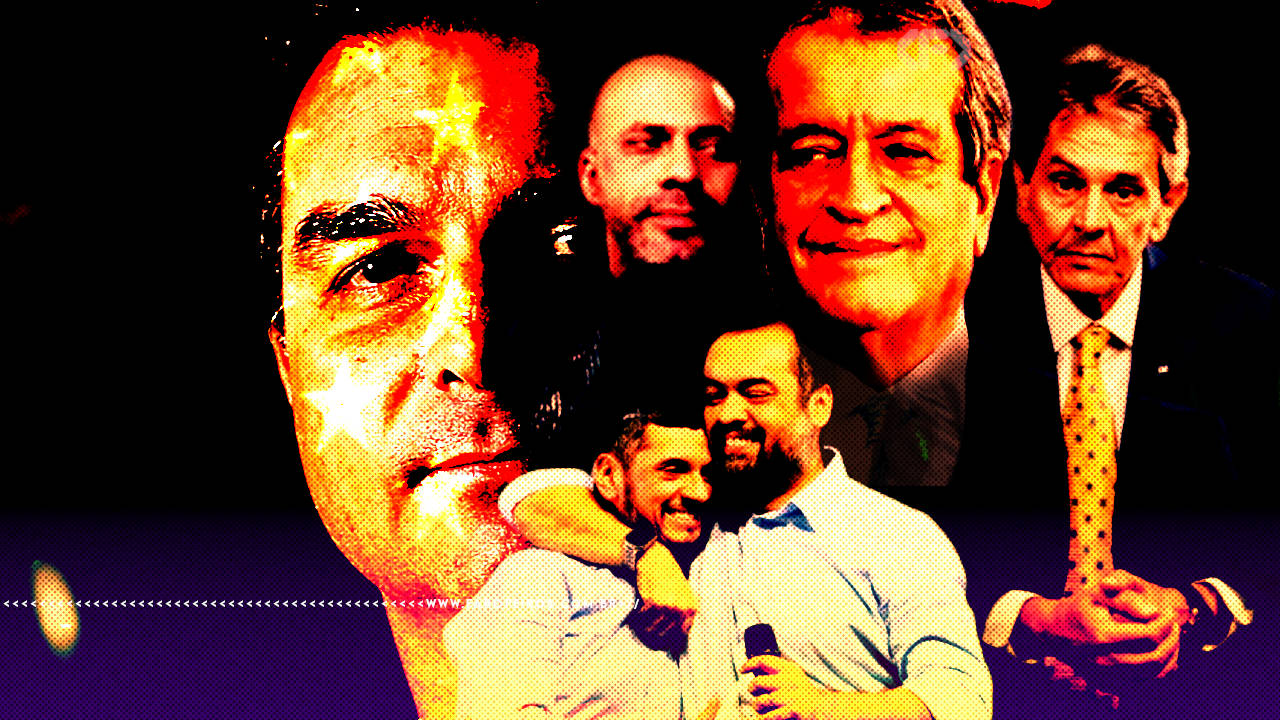 Montagem fotográfica com filtro vermelho, laranja e roxo reunindo diversas fotos de Flávio Bolsonaro ao lado de diferentes pessoas. Em destaque no lado esquerdo, o rosto de Flávio Bolsonaro em close.