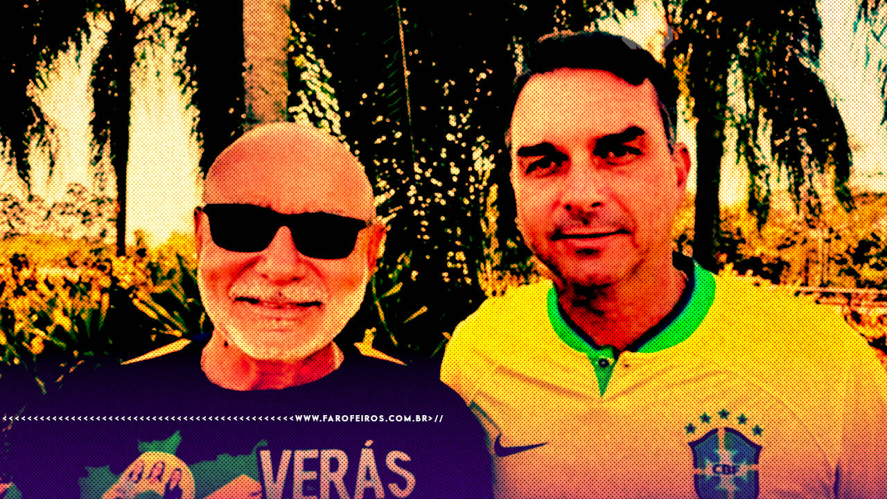 Fotografia com filtro amarelo e laranja mostrando Fabrício Queiroz, de cabeça raspada e óculos escuros, ao lado de Flávio Bolsonaro, que veste a camisa amarela da seleção brasileira. Ao fundo, árvores e vegetação.