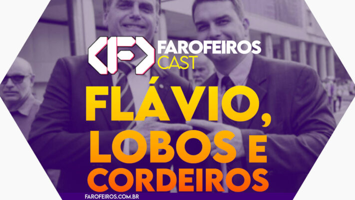 Capa do episódio 67 do Farofeiros Cast em um hexágono roxo e bordas brancas. Ao fundo, foto em preto e branco com filtro roxo mostrando Jair Bolsonaro e Flávio Bolsonaro sorrindo. No topo, o logotipo do Farofeiros Cast em branco. No centro, o título do episódio em letras grandes amarelas e laranja: "Flávio, Lobos e Cordeiros". Na faixa inferior o endereço farofeiros.com.br.