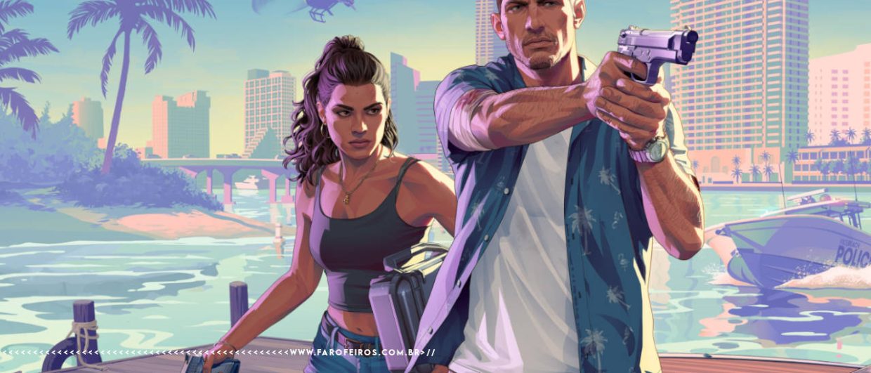 Arte oficial de GTA 6. Os protagonistas Lucia e Jason posam armados em um píer à beira-mar, com uma cidade ao fundo, repleta de prédios, palmeiras e um helicóptero no céu. Jason, de camisa havaiana e calça cáqui, aponta uma pistola para frente. Lucia, de top e shorts jeans, segura uma arma na mão esquerda e carrega uma mala. Na parte inferior, a marca d'água do site www.farofeiros.com.br